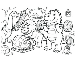 Cute cartoon dinosaurs working out in a prehistoric gym coloring page. © Infinite Lines