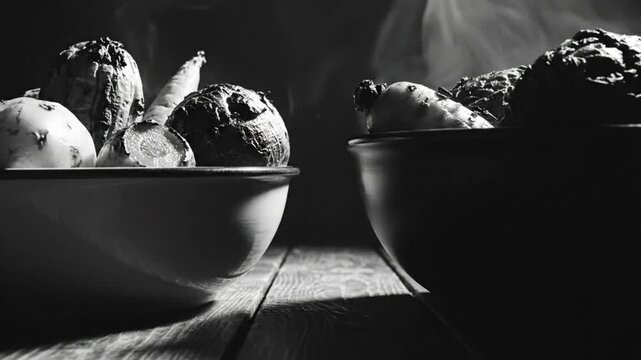 Black and white still life of two bowls filled with freshly steamed vegetables on wooden surface, smoke rising