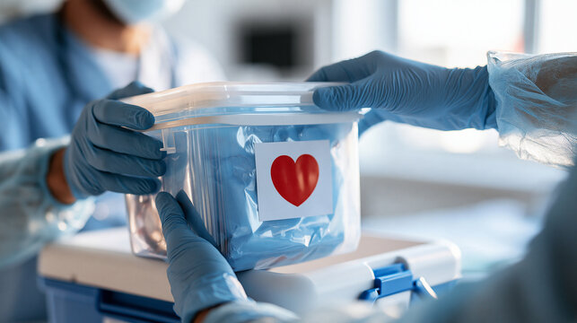 Doctor working with a donor heart for transplant gloved hands placing a sealed organ transport container with a heart label into a medical cooler bright hospital room donor