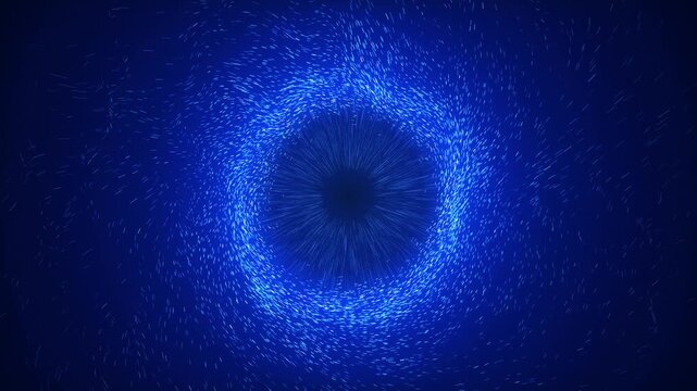 Abstract swirling vortex of blue particles in a dark cosmic background, representing energy flow and motion