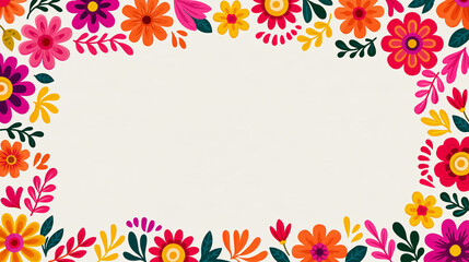 Fototapeta premium National hispanic heritage month celebration banner with colorful floral decorations garlands of folk flowers and leaves in pink orange red and yellow along the top and sides