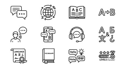 Language Learning Icons: Translation, Communication, Education, Vocabulary, Levels © Roti