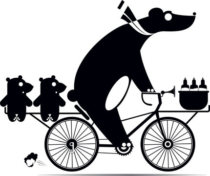 Bear  family. Cute female bear, a bicycle and bear cubs