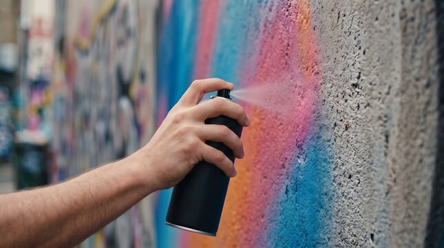 Person using spray paint can to create colorful graffiti on urban wall