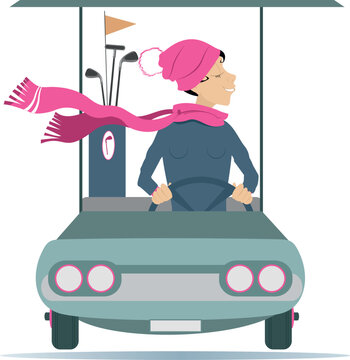 Golfer woman rides the golf cart. Cold weather