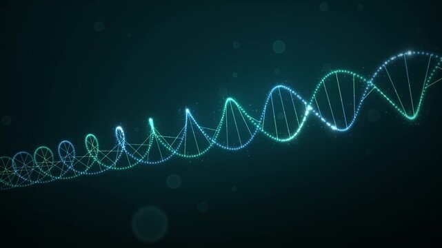 Abstract glowing DNA helix structure with blue and green lights on a dark background representing genetic code and science