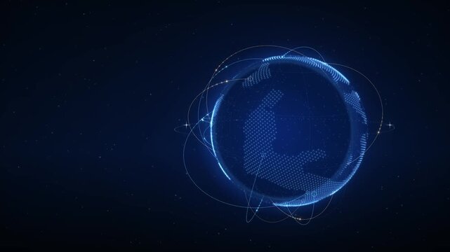 Digital Earth globe with glowing connections and orbiting lines in dark space with stars