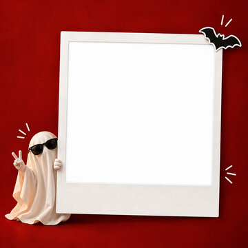 Cool ghost polaroid frame Halloween poster with bat decoration