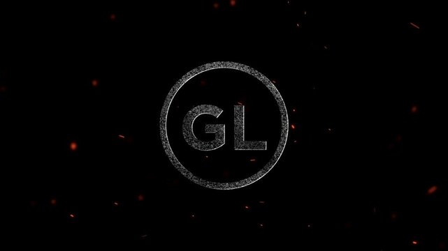 Glowing metallic letters gl inside a circular frame with floating embers