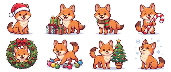 Fototapeta premium Set of 8 cute fox character illustrations arranged in a neat grid featuring festive poses with winter holiday decorations for cheerful seasonal design