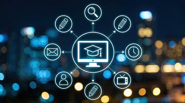 Digital education concept with glowing academic icons and online learning symbols over blurred city