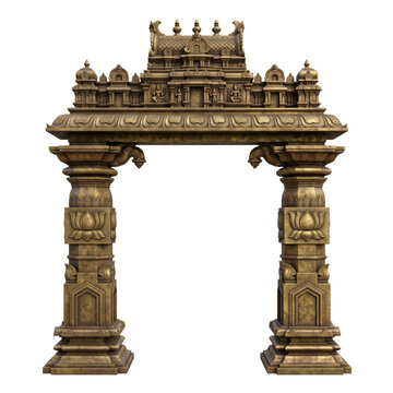 Indian temple gateway with carved pillars, tiered crown, decorative lintel and traditional architectural details