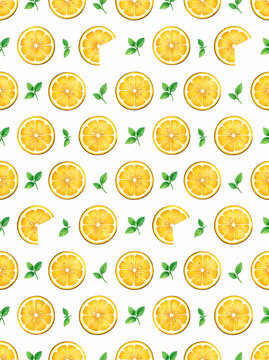 Seamless pattern with watercolor lemon slices and fresh green mint leaves on white background.