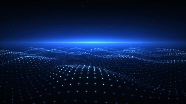 Abstract digital landscape with glowing blue waves and light streak in dark starry background