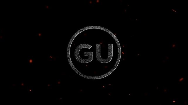 Glowing neon circular badge with the letters GU isolated on fire particle background