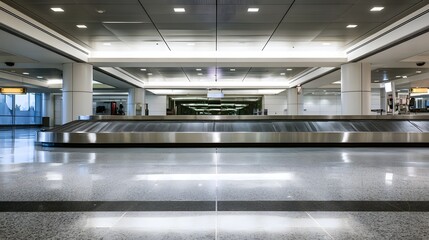 Fototapeta premium An empty airport baggage claim area with polished floors overhead lighting and a curved conveyor belt under a modern ceiling structure