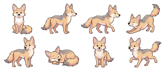 Fototapeta premium Set of 8 cute coyote animal character vector illustrations arranged in a clean grid showing varied playful poses like sitting standing and stretching