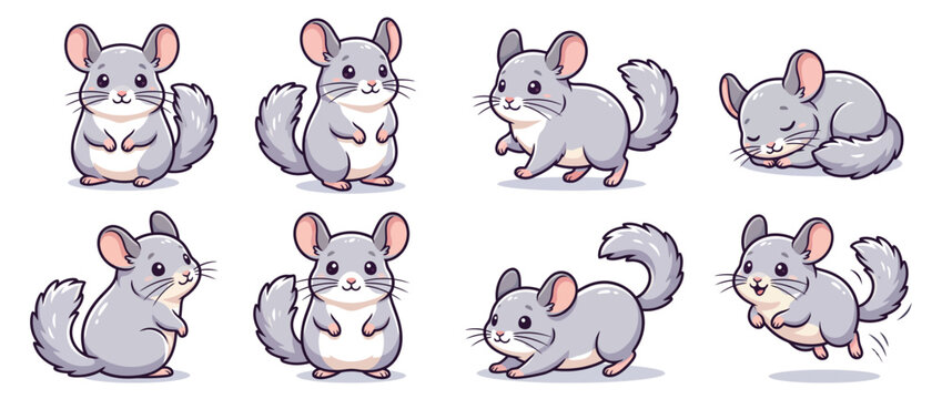 Set of eight adorable grey chinchilla character illustrations featuring diverse playful poses arranged in a clean grid for various digital projects
