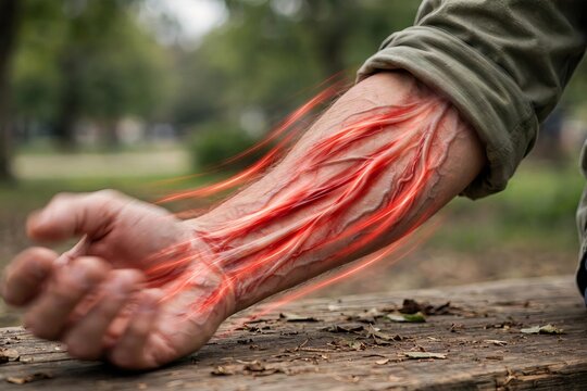 Glowing red veins visible through skin on a Caucasian person's arm resting on a wooden bench outdoors, illustrating pain, energy, blood vessels, or a superhuman condition in a digital artwork