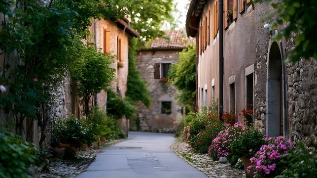 A narrow cobblestone street lined with stone buildings  lush greenery  and vibrant flower pots in a quiet village setting