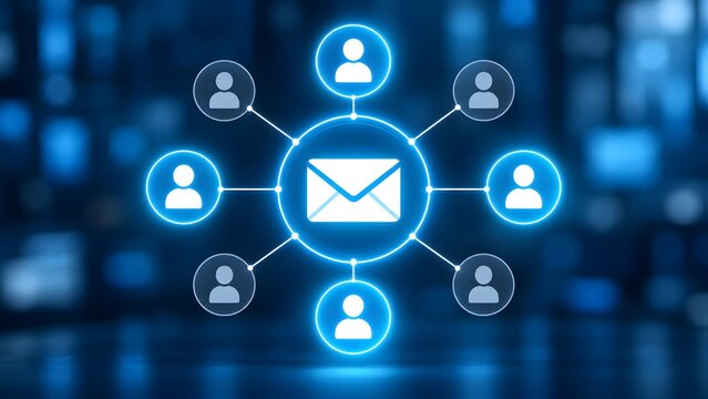 Digital networking concept featuring a central email envelope icon connecting to multiple user profile symbols representing mass mailing marketing campaigns and team communication.