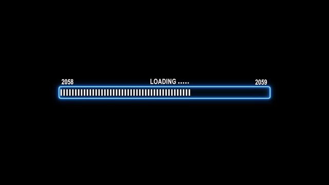 Futuristic neon blue loading bar animation progress bar transition from year 2058 to 2059 on black background