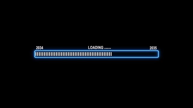 Futuristic neon blue progress bar loading from year 2034 to 2035 on black background, animation loading bar