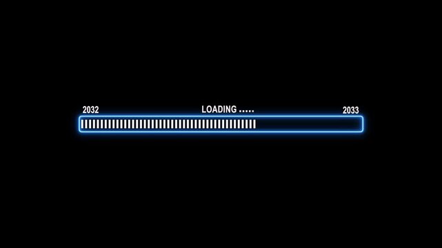 Futuristic blue neon loading progress bar animation transitioning from year 2032 to 2033 on black background