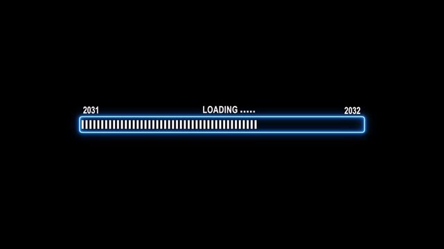 Neon blue loading progress bar animation transitioning from year 2031 to 2032 on black background, loading bar