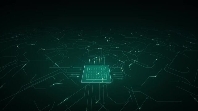 Futuristic digital circuit board with glowing central processor unit and data flow animation in dark green tones
