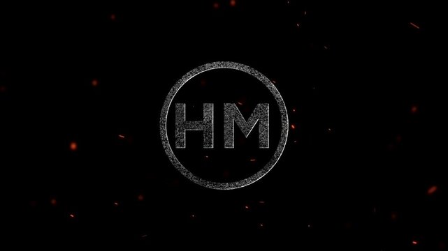 Graphic design element featuring the letters HM inside a circular emblem with glowing particles