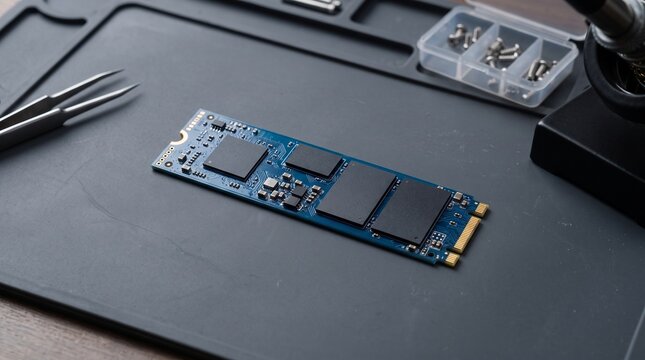 Close-up view of a computer motherboard component on a workbench