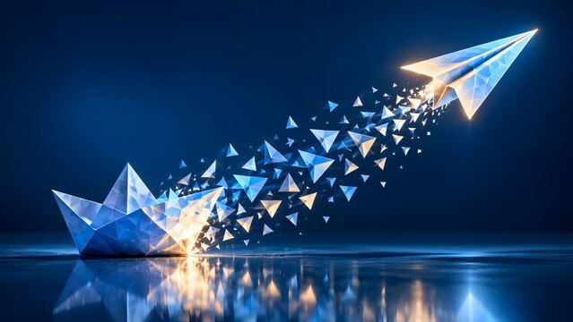 Conceptual illustration of a glowing geometric paper boat transforming into a paper airplane representing business innovation message delivery and rapid communication progress.