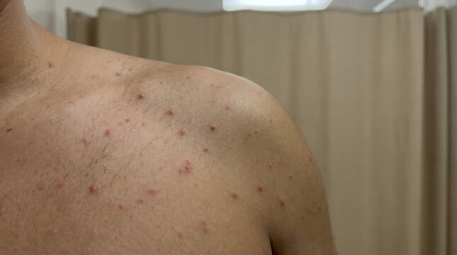 Close-up of red acne papules and inflamed breakout rash on adult male chest and shoulder during clinical examination in clinic for dermatology healthcare concept