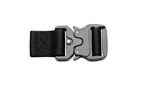 Authentic sturdy metal buckle on black strap detail, concept for travel gear, aviation safety equipment and secure luggage fastening
