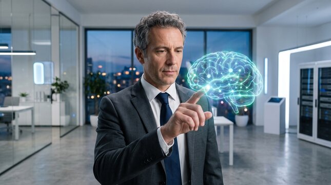 Business professional interacts with a digital brain interface in an office