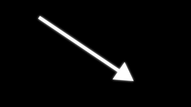 White arrow icon pointing down to right corner on black background motion graphic animation