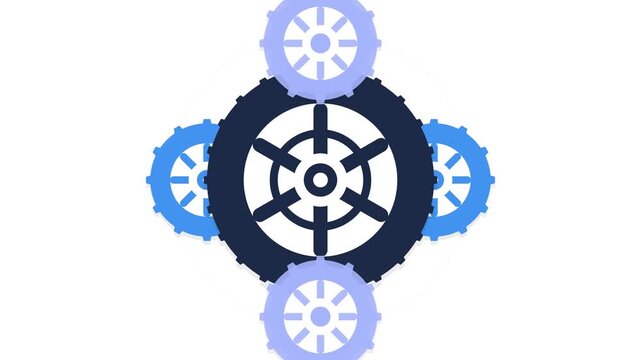 Abstract vector illustration of interlocking blue gear mechanism representing teamwork and system process.
