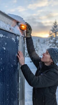 Female Trucker Clearing Fresh Snow from Semi Trailer Lights