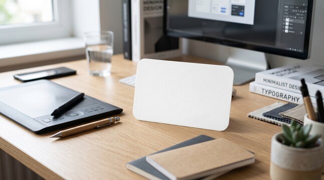 Blank card mockup on designer workspace desk with computer screen, suitable for corporate identity branding, website showcase, and business contacts.