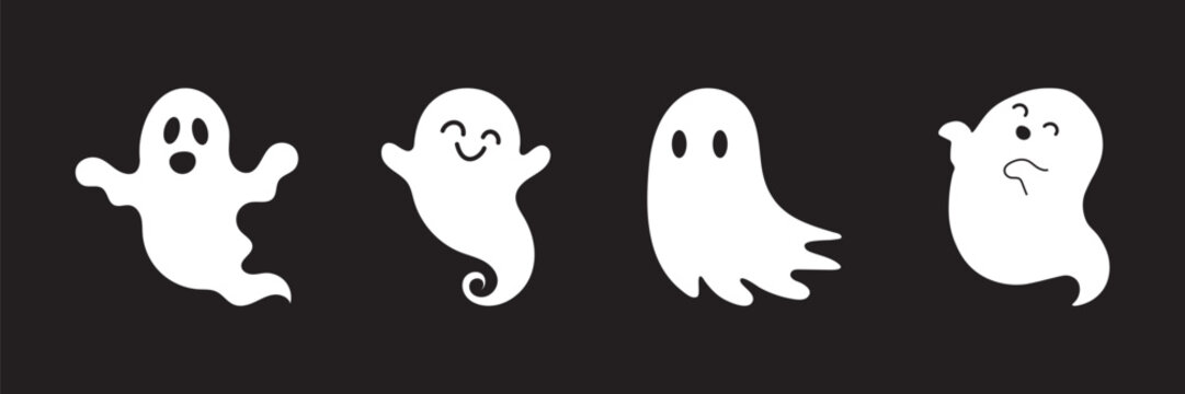 Set of spooky spirit in flat vector style. Cute ghost characters for Halloween design. White ghost silhouettes on black background.
