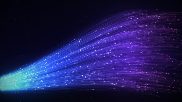 Abstract flowing light streaks with glowing particles in a dark background representing data transfer or energy flow