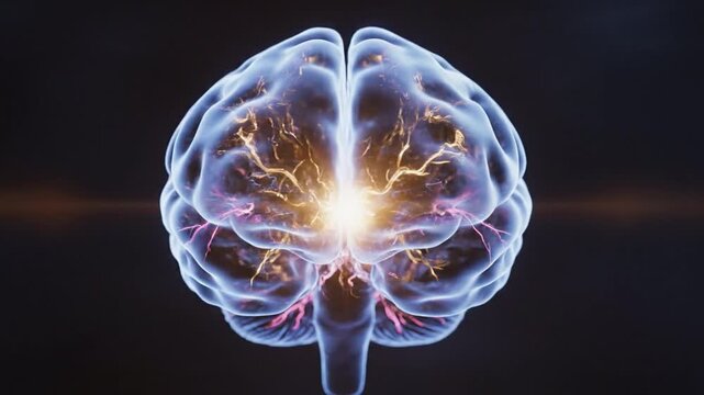 Stylized human brain rotating with glowing neural pathways and electrical synapse activity