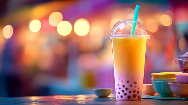 Bubble tea cup with tapioca pearl drink and colorful straw on table