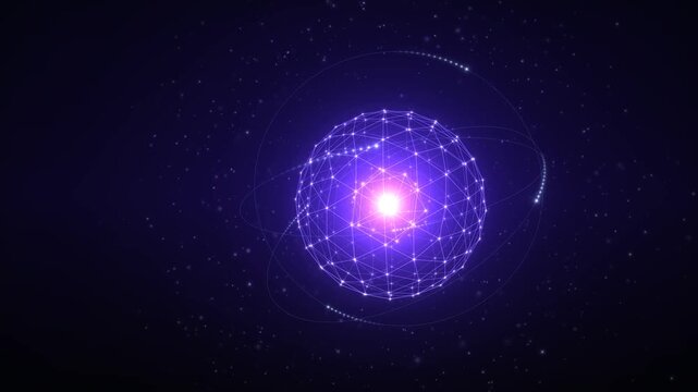 Abstract glowing digital sphere with orbiting particles and light trails in dark space