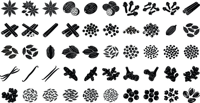 Spice vector icons set, culinary herb and spice silhouettes, black aromatic seasoning graphics for kitchen menu packaging design isolated on Transparent Background