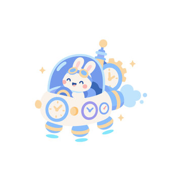 Cute Bunny Inside Small Time Travel Device with Clock Dials Cartoon Illustration