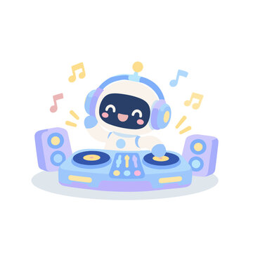 Cute Robot DJ Wearing Headphones Playing Music with Notes Cartoon Illustration