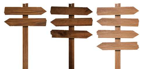 Wooden arrow signposts on metal pole with directional boards for rustic wayfinding and outdoor navigation. Trail markers with or pointer planks for parks and camping areas. Timber guidance system. © Philip