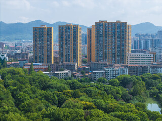 Obraz premium Modern City Skyline with High-Rise Buildings and Green Forest in the Foreground